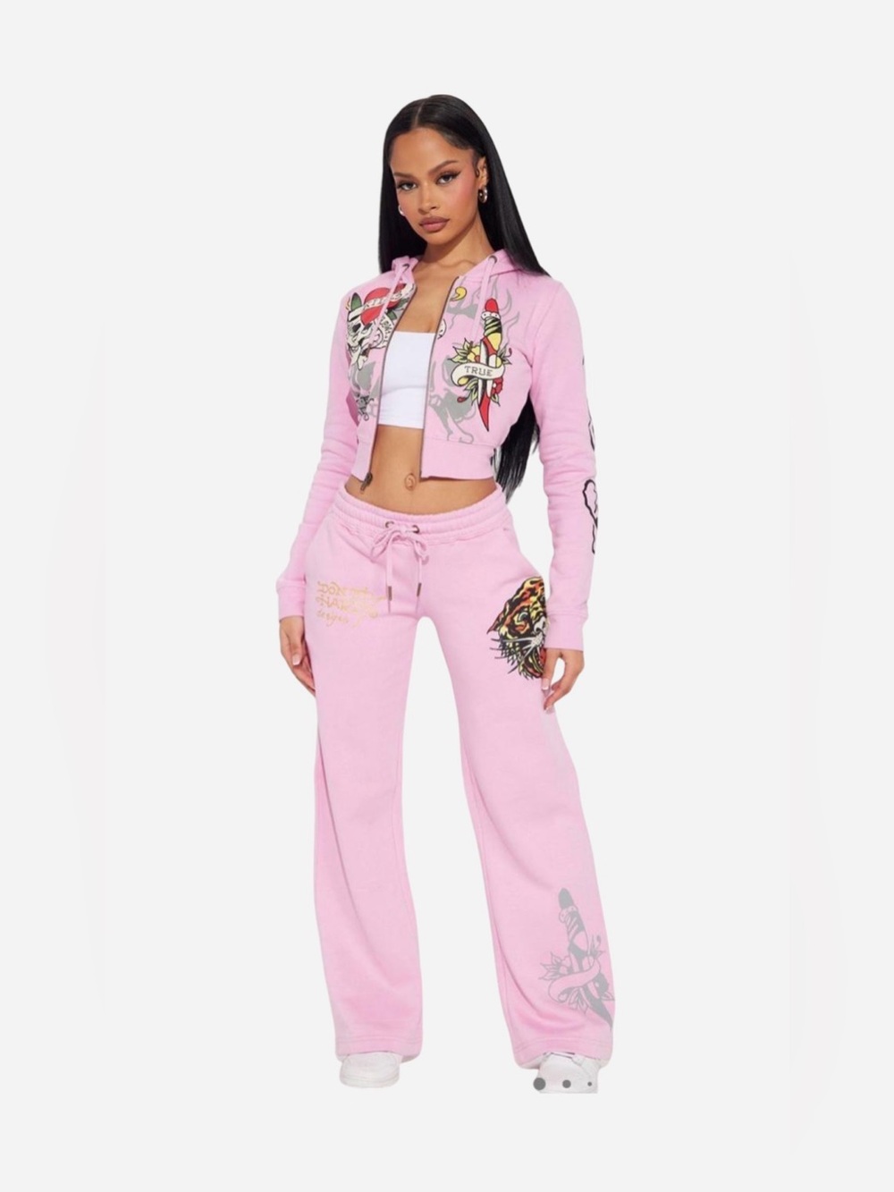 Women’s Pink Ed Hardy Sweatpant Set - Cropped Hoodie & Wide-Leg Pants
